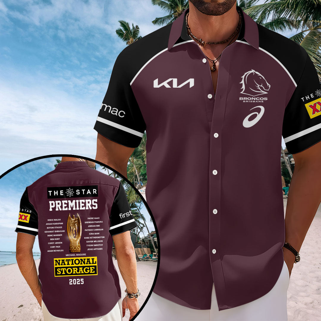 Brisbane Broncos 2025 NRL Premiers Short Sleeve Button-Down Shirt – HOATT13895