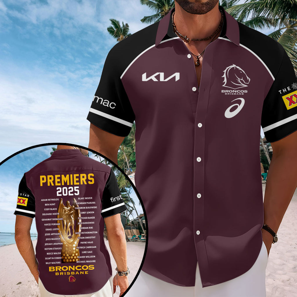 Brisbane Broncos 2025 NRL Premiers Short Sleeve Button-Down Shirt – HOATT13948