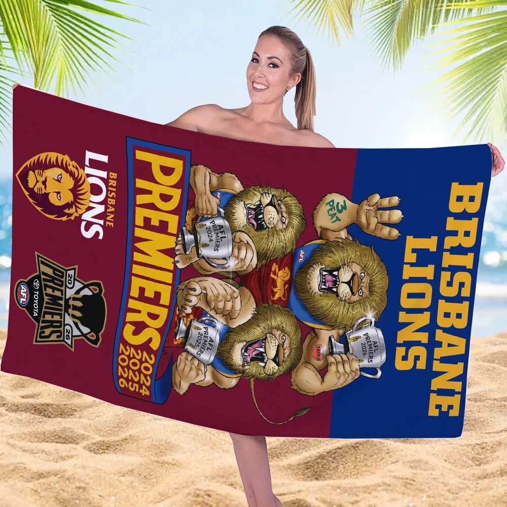Brisbane Lions Threepeat Premiers Rectangle Beach Towel – TMTHU9593