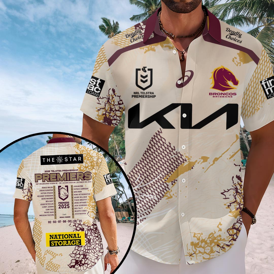 Brisbane Broncos 2025 NRL Premiers Short Sleeve Button-Down Shirt – HOATT13697