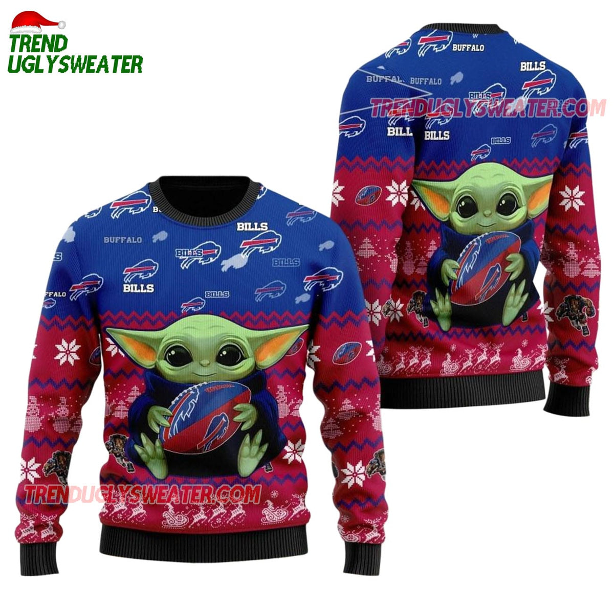 Buffalo Bills Baby Yoda Hug The Ball Christmas Ugly Sweater