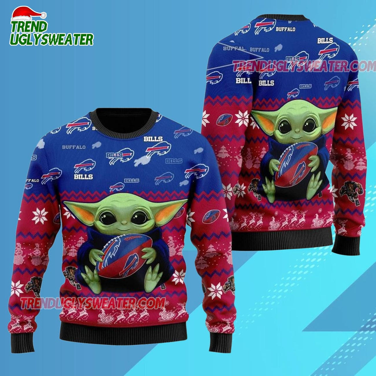 Buffalo Bills Baby Yoda Hug The Ball Christmas Ugly Sweater