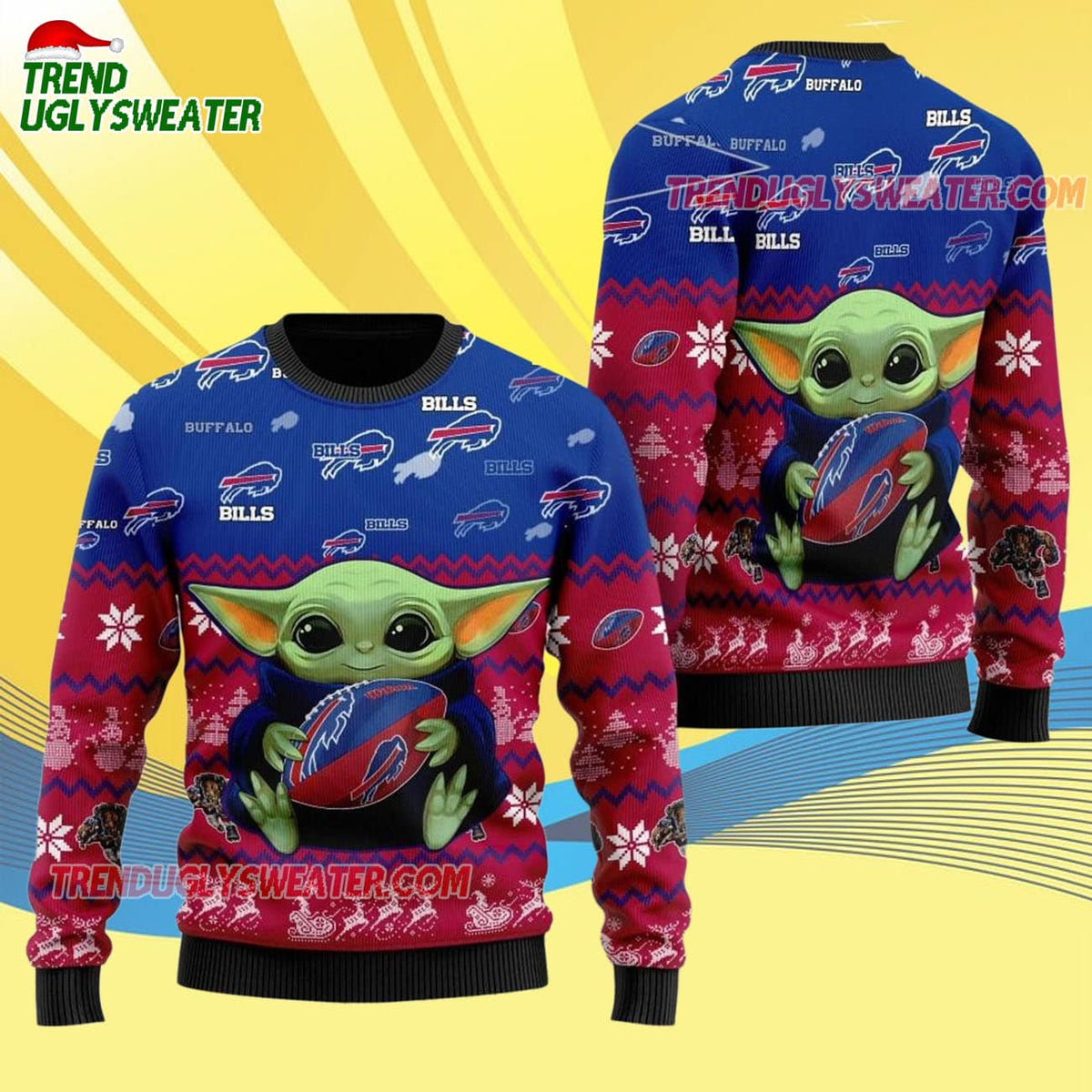 Buffalo Bills Baby Yoda Hug The Ball Christmas Ugly Sweater