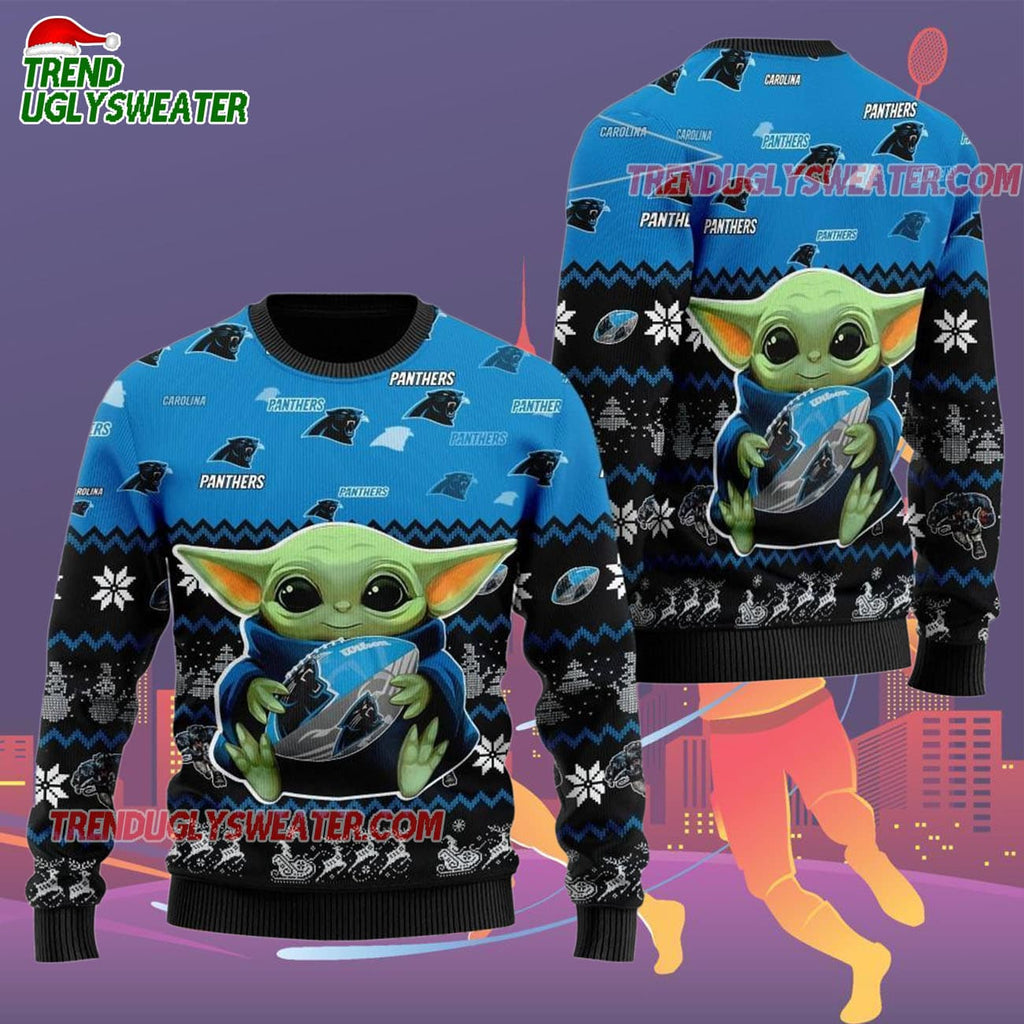 Carolina Panthers Baby Yoda Hug The Ball Christmas Ugly Sweater