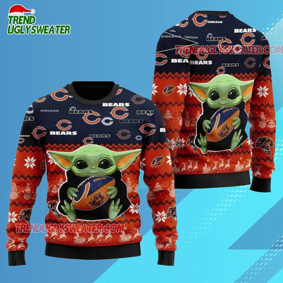 Chicago Bears Baby Yoda Hug The Ball Christmas Ugly Sweater