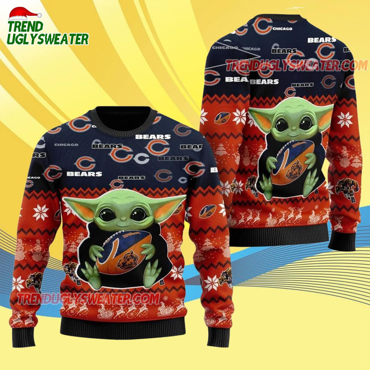 Chicago Bears Baby Yoda Hug The Ball Christmas Ugly Sweater