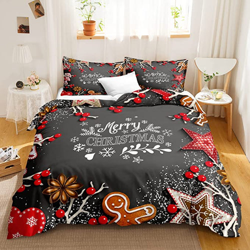 New Snowflakes Duvet Cover Set Cute Gingerbread Man Cherry Stars Pattern Christmas Bedding Set