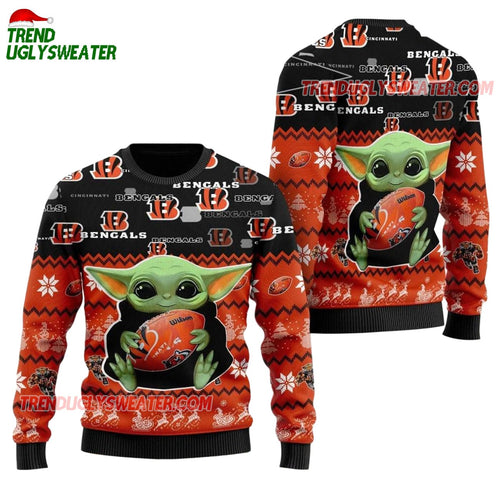 Cincinnati Bengals Baby Yoda Hug The Ball Christmas Ugly Sweater