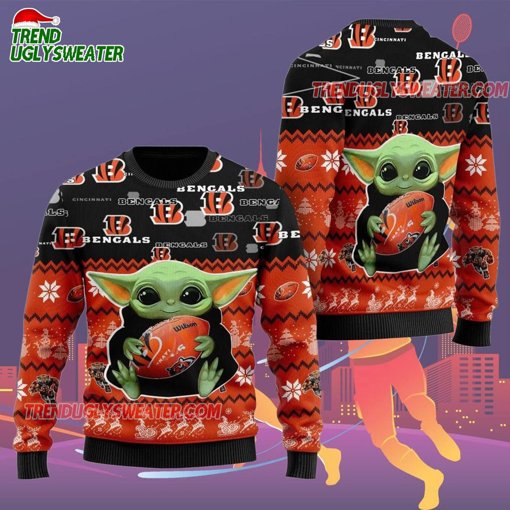 Cincinnati Bengals Baby Yoda Hug The Ball Christmas Ugly Sweater
