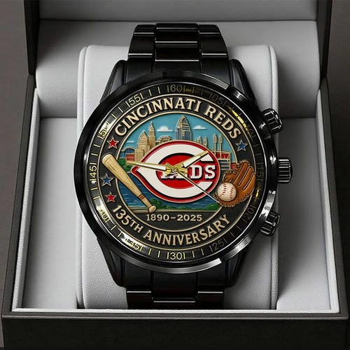 Cincinnati Reds 135th Anniversary 2025 Black Stainless Steel Watch – TANTN17068