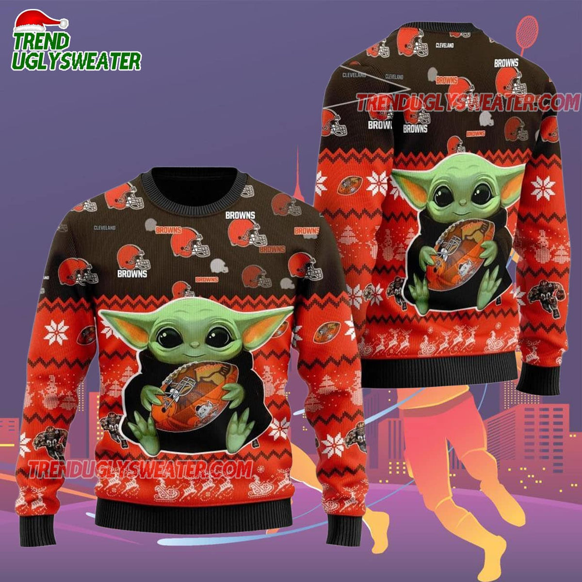 Cleveland Browns Baby Yoda Hug The Ball Christmas Ugly Sweater