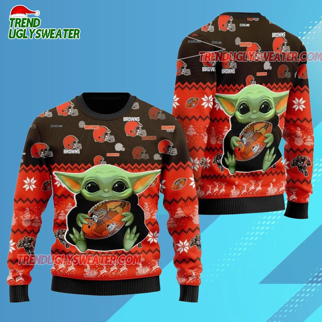Cleveland Browns Baby Yoda Hug The Ball Christmas Ugly Sweater