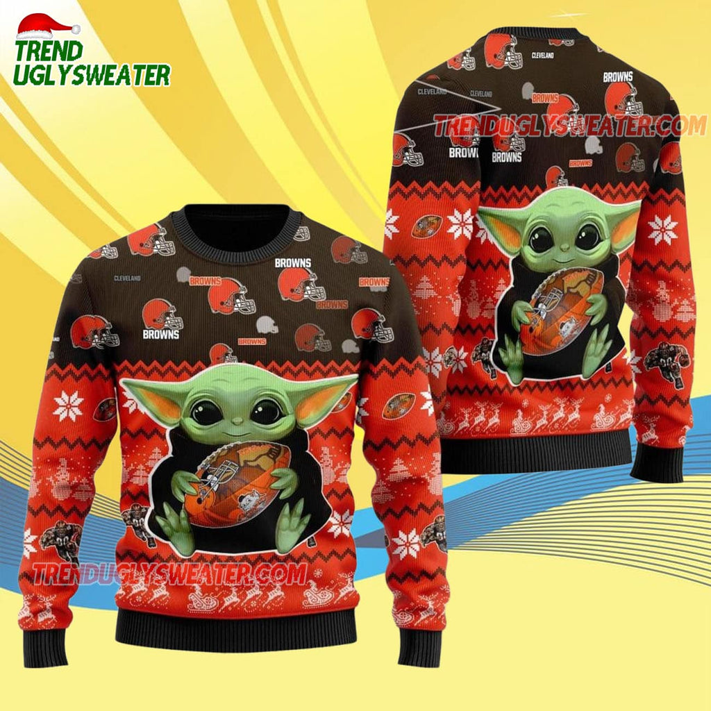 Cleveland Browns Baby Yoda Hug The Ball Christmas Ugly Sweater