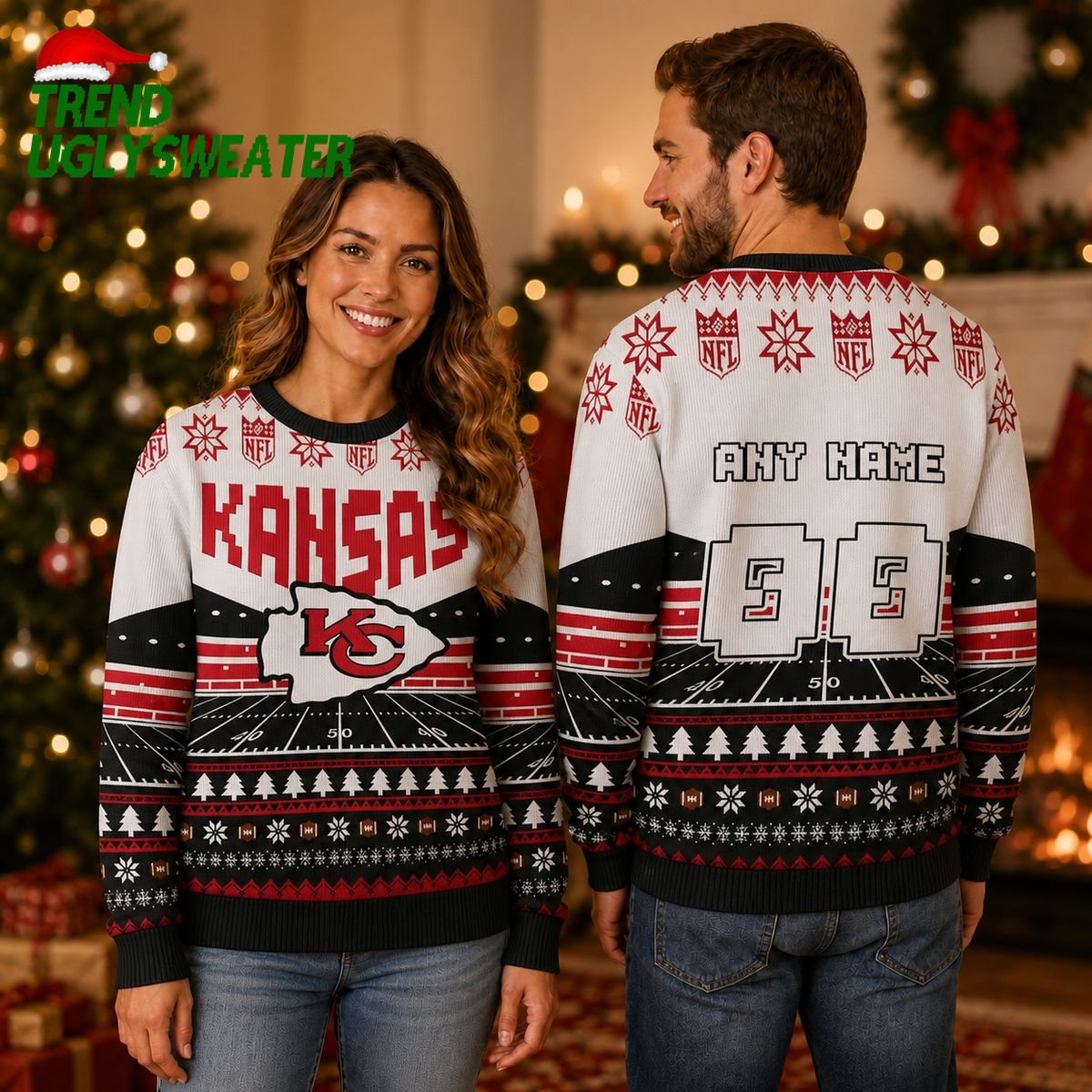 Custom Name Number Nfl Kansas City Chiefs Rugby Stadium Ugly Christmas Sweater