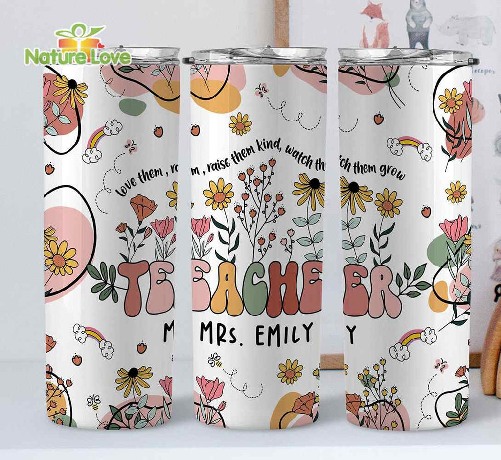 Wildflower Custom Teacher Name 20 oz Skinny Tumbler Back to School Gift