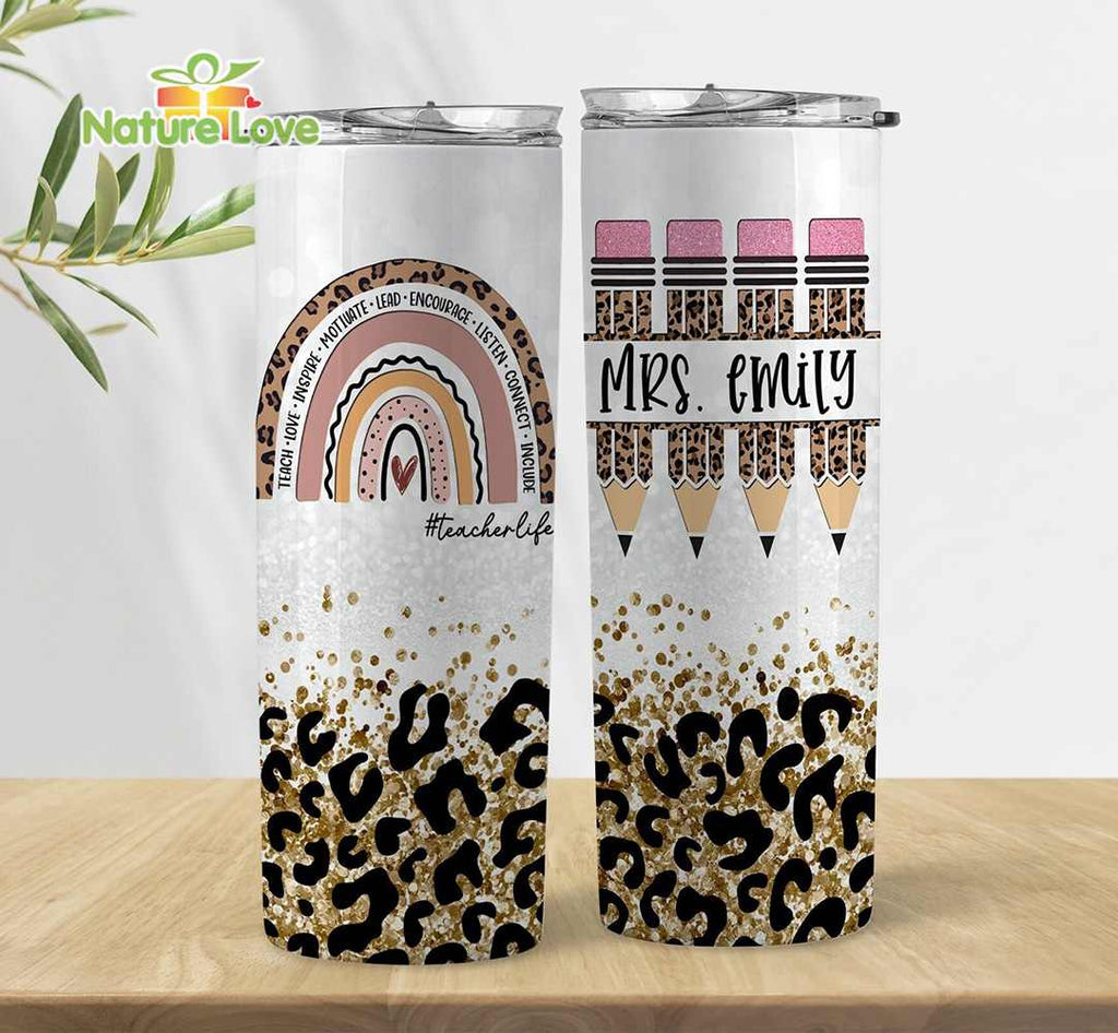 Custom Name Teacher Life Rainbow Cheetah 20 oz Skinny Tumbler Gift for Back to School