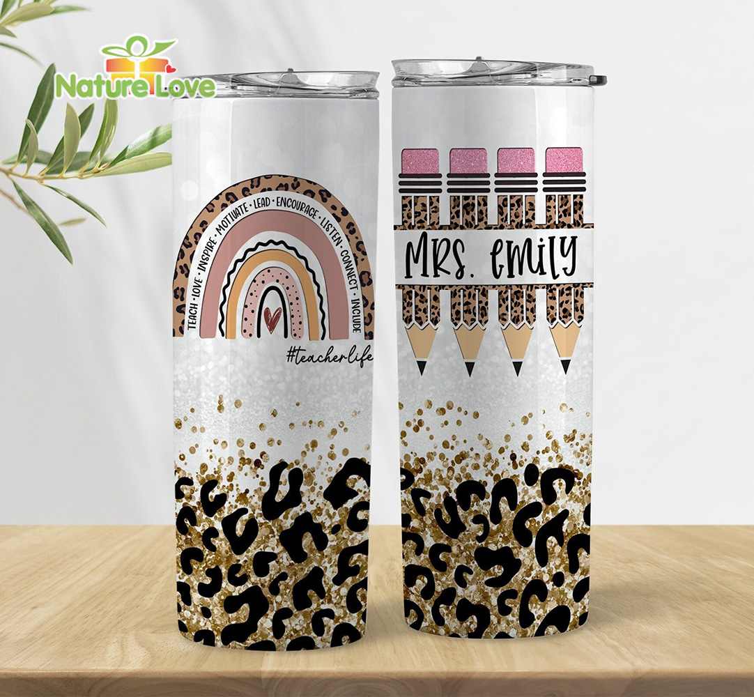 Custom Name Teacher Life Rainbow Cheetah 20 oz Skinny Tumbler Gift for Back to School