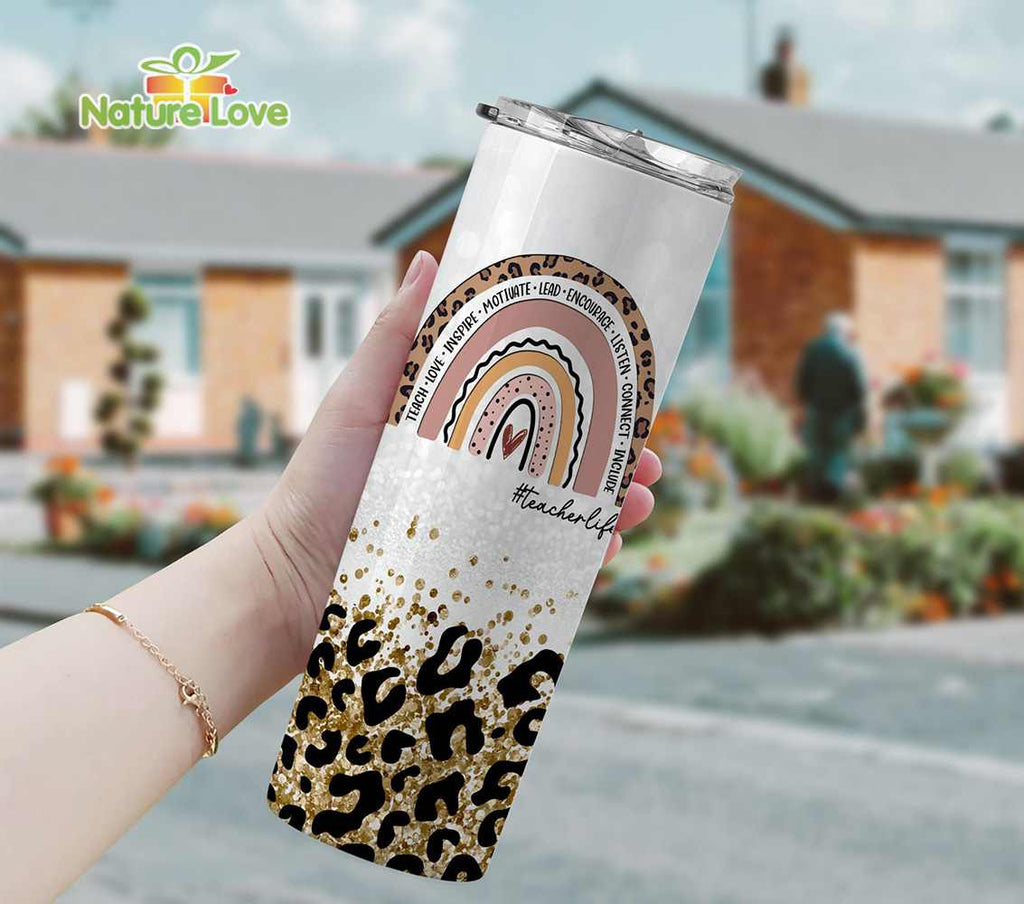 Custom Name Teacher Life Rainbow Cheetah 20 oz Skinny Tumbler Gift for Back to School
