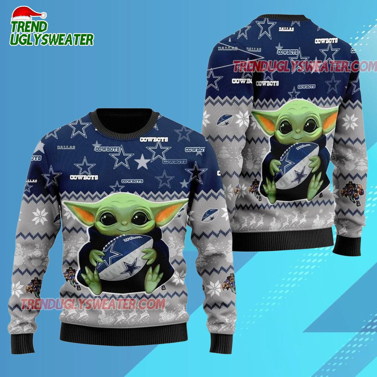 Dallas Cowboys Baby Yoda Hug The Ball Christmas Ugly Sweater