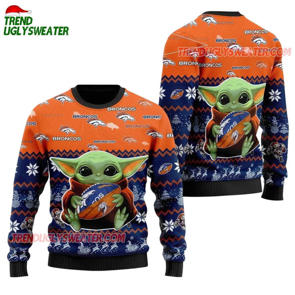 Denver Broncos Baby Yoda Hug The Ball Christmas Ugly Sweater