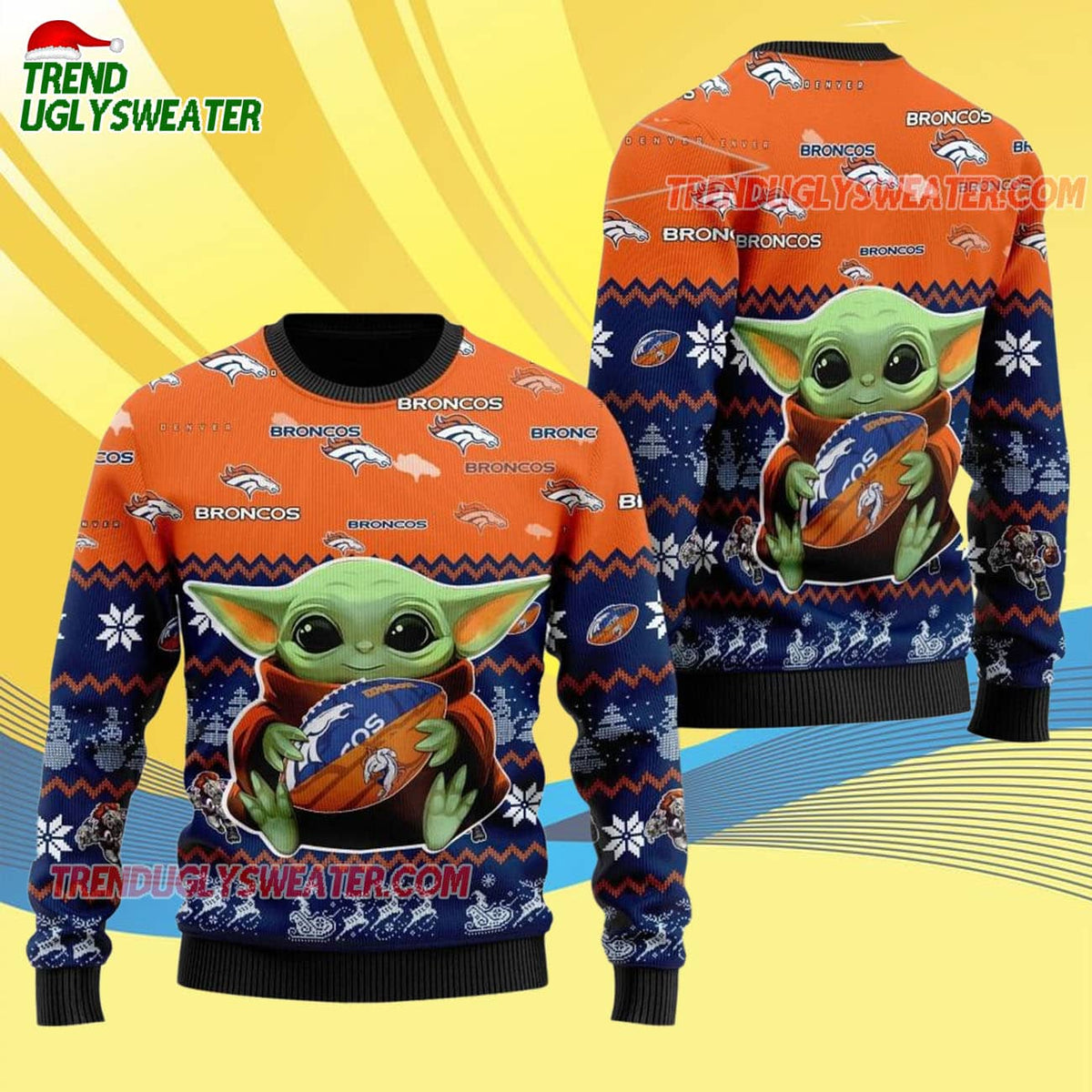 Denver Broncos Baby Yoda Hug The Ball Christmas Ugly Sweater