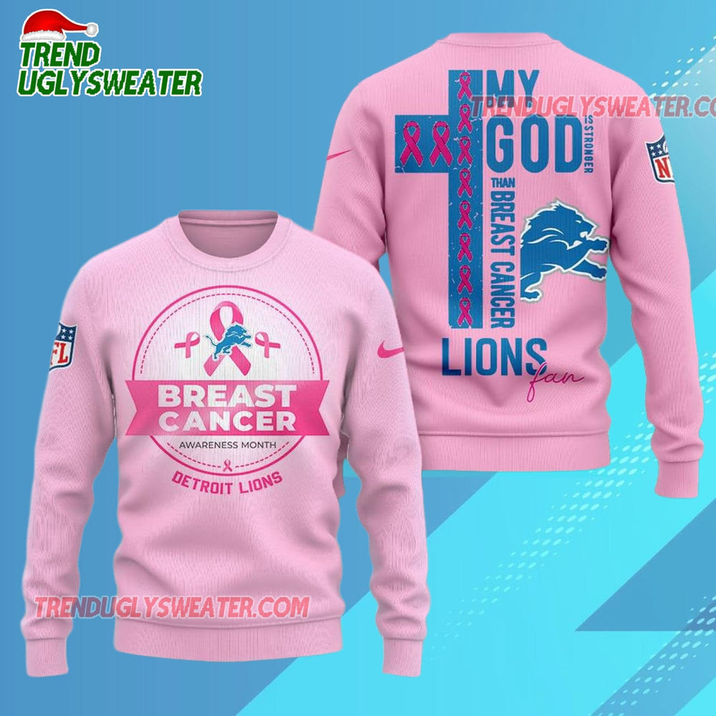 Detroit Lions 2025 NFL My God Is Stronger Than Breast Cancer Chritmas Sweater