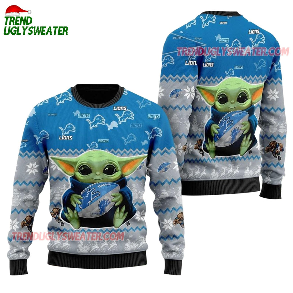 Detroit Lions Baby Yoda Hug The Ball Christmas Ugly Sweater