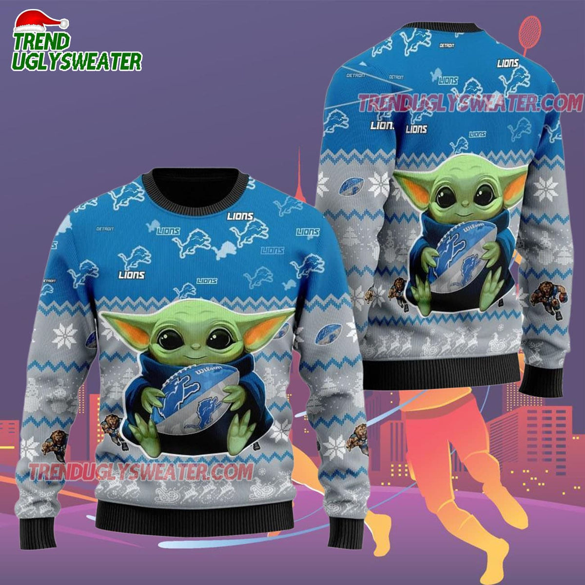 Detroit Lions Baby Yoda Hug The Ball Christmas Ugly Sweater
