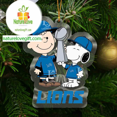 Detroit Lions Charlie Brown and Snoopy Champions NFL Acrylic Christmas Tree Decoration Ornament