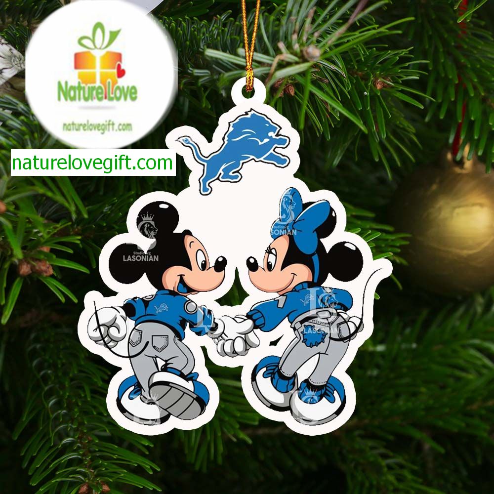 Detroit Lions Fan Minnie And Mickey Mouse Love NFL Acrylic Christmas Tree Decor Ornament