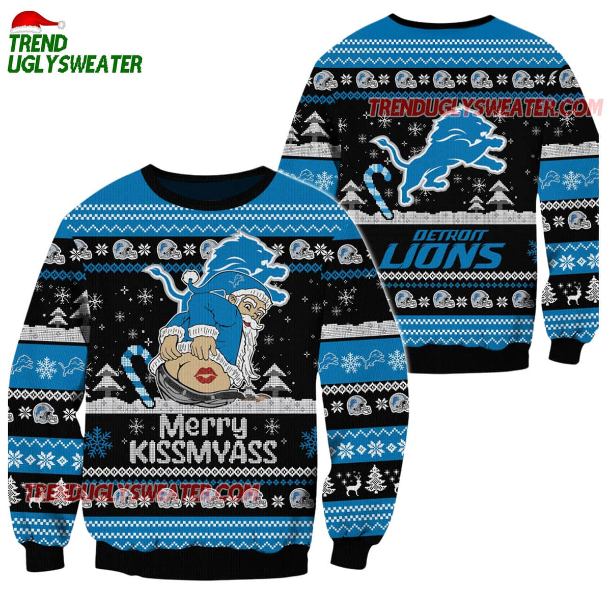 Detroit Lions Merrykissmyass Funny Santa Claus Christmas Ugly Sweater