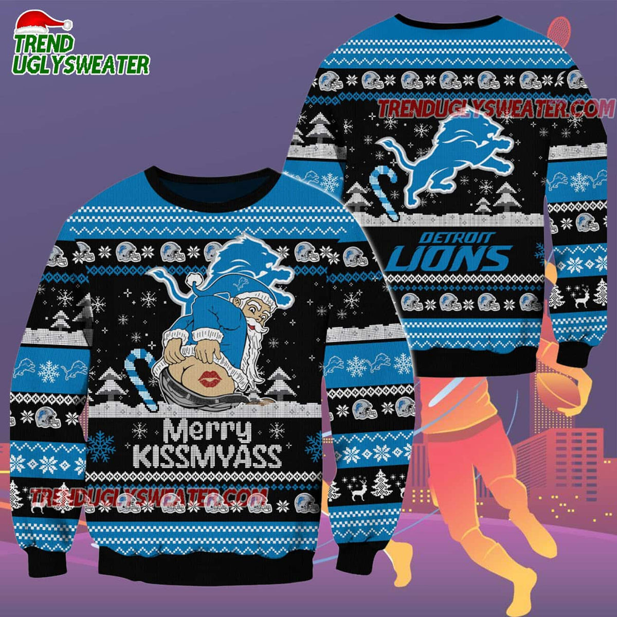Detroit Lions Merrykissmyass Funny Santa Claus Christmas Ugly Sweater
