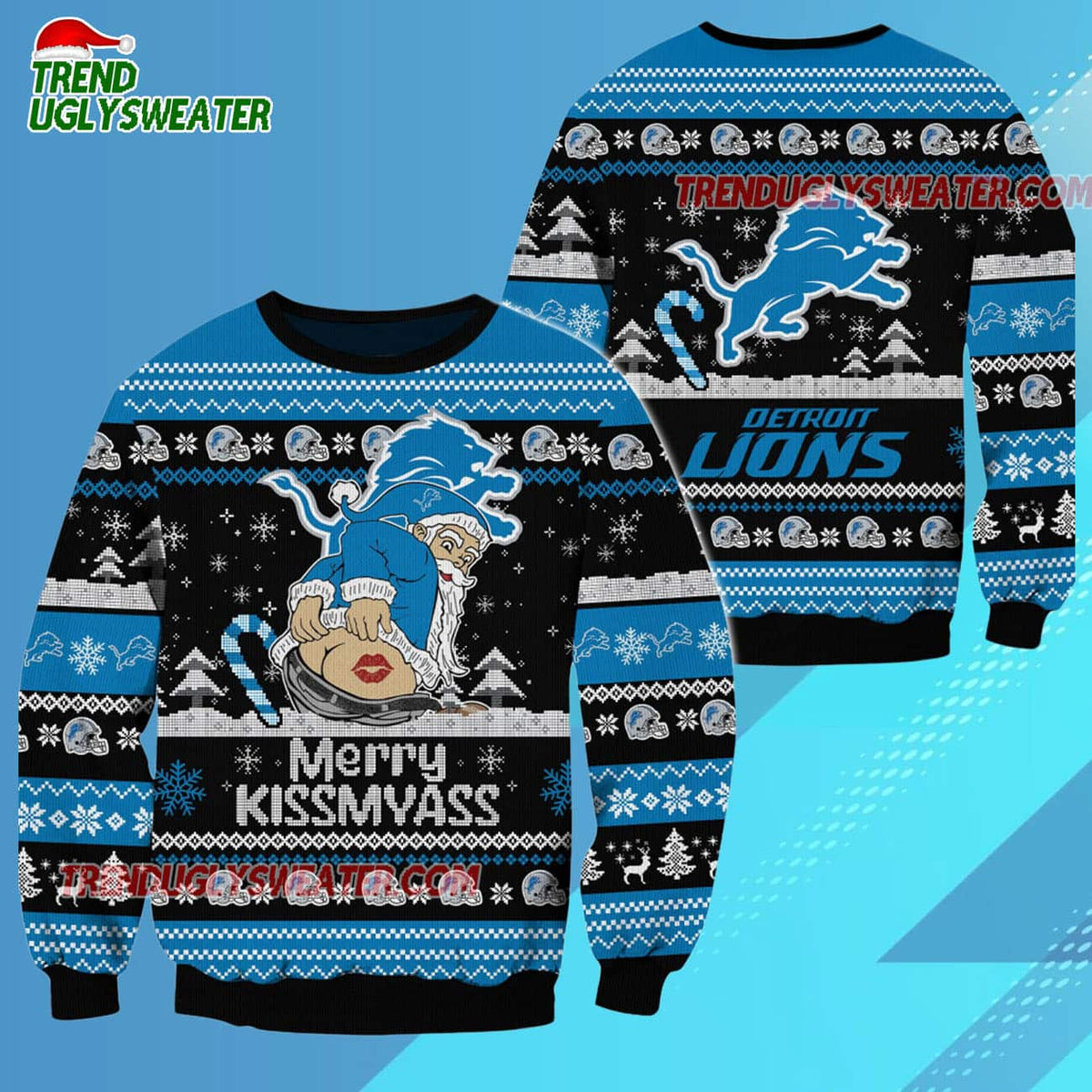 Detroit Lions Merrykissmyass Funny Santa Claus Christmas Ugly Sweater