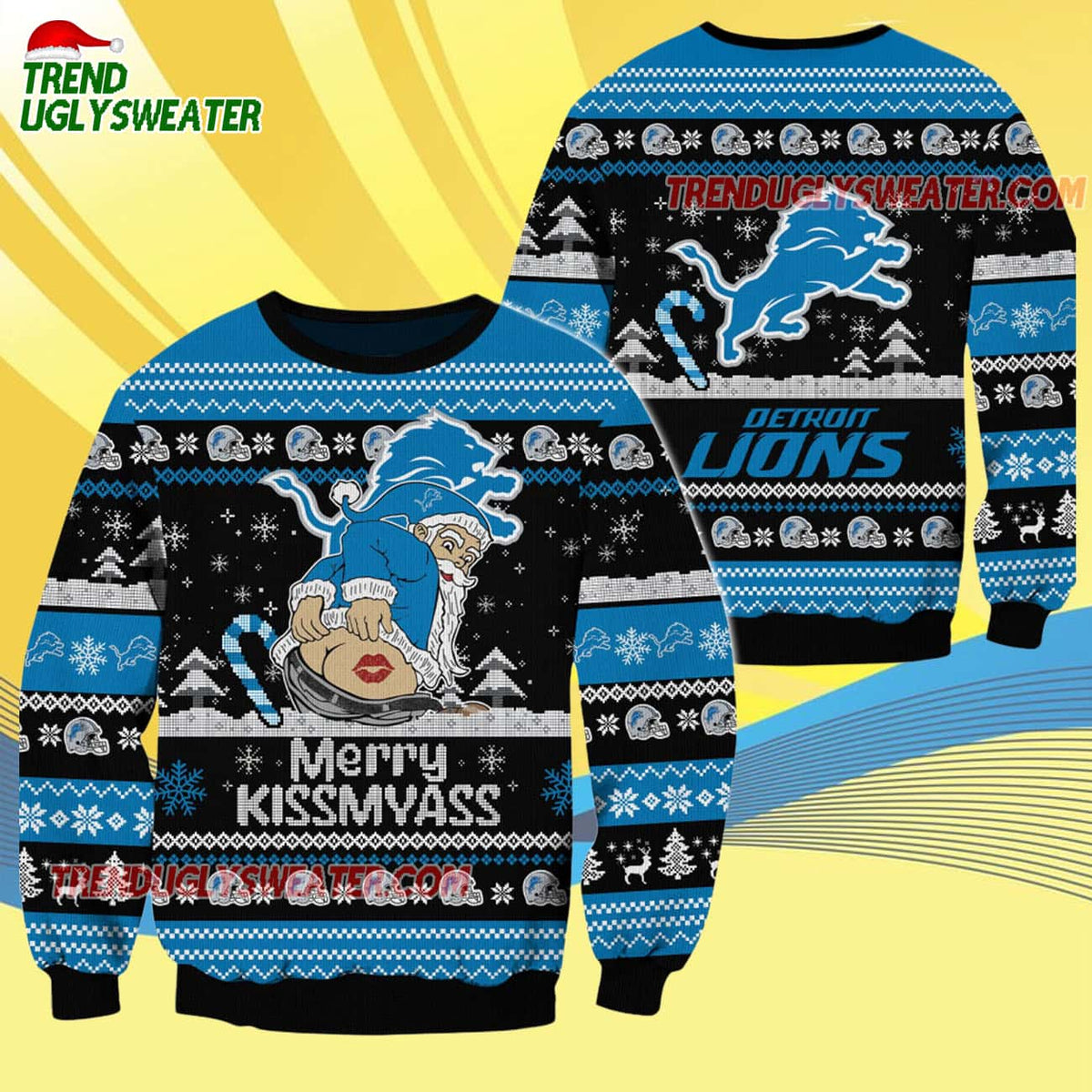 Detroit Lions Merrykissmyass Funny Santa Claus Christmas Ugly Sweater
