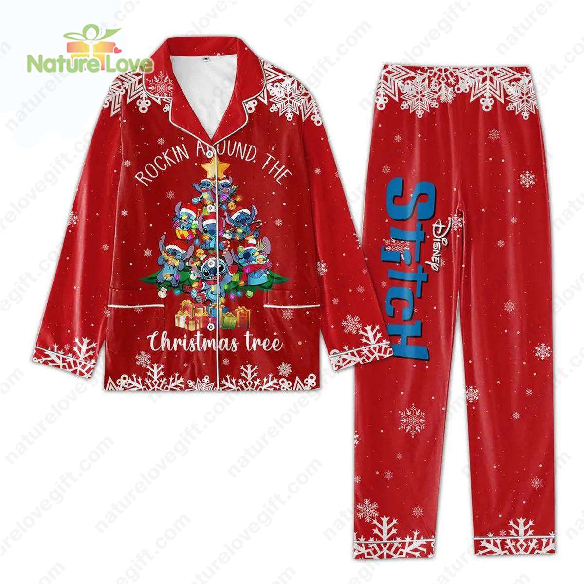Disney Stitch Christmas Pajamas Stitch Rocking Around Xmas Red Pajamas Set