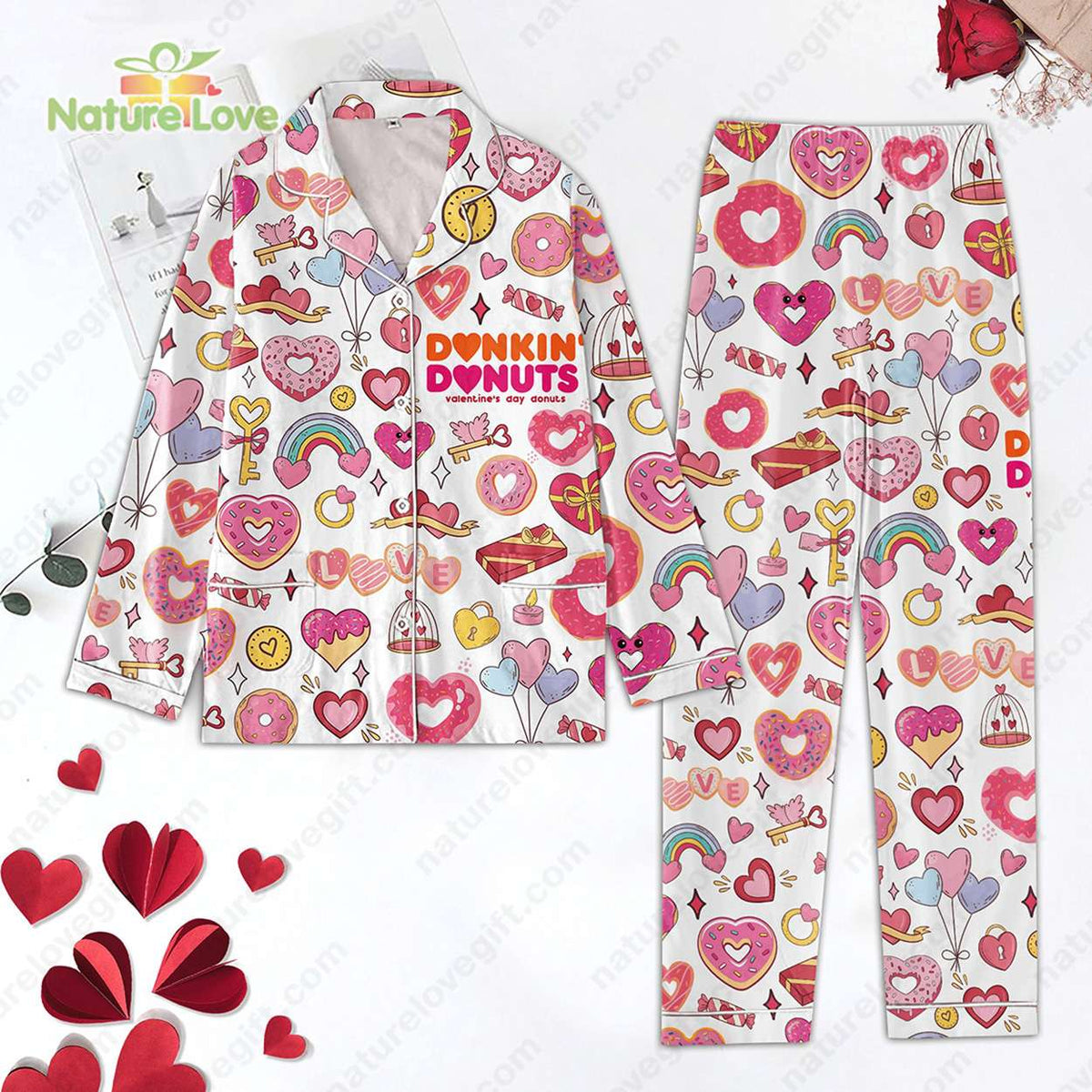 Dunkin Valentine Donuts​ Valentine’s Day Donut Pajamas Set