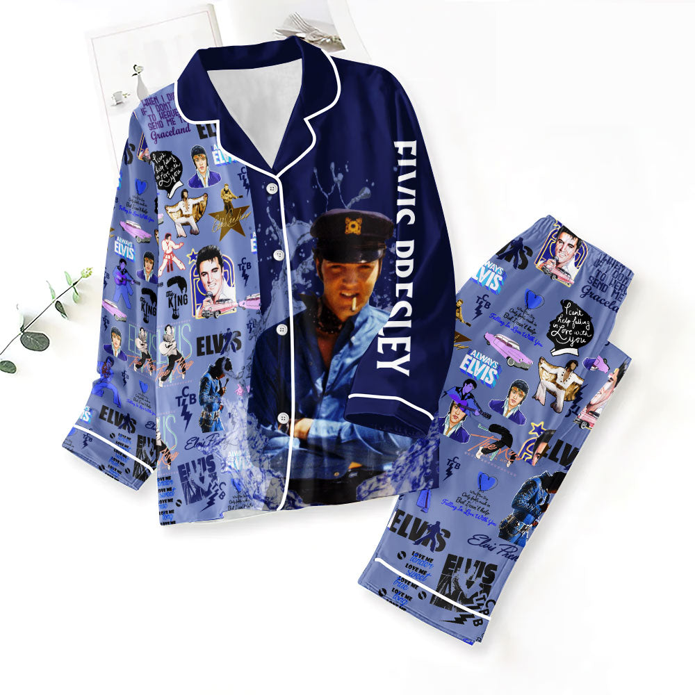 Elvis Presley Satin Pajama Set with Piping – TMTHU7986