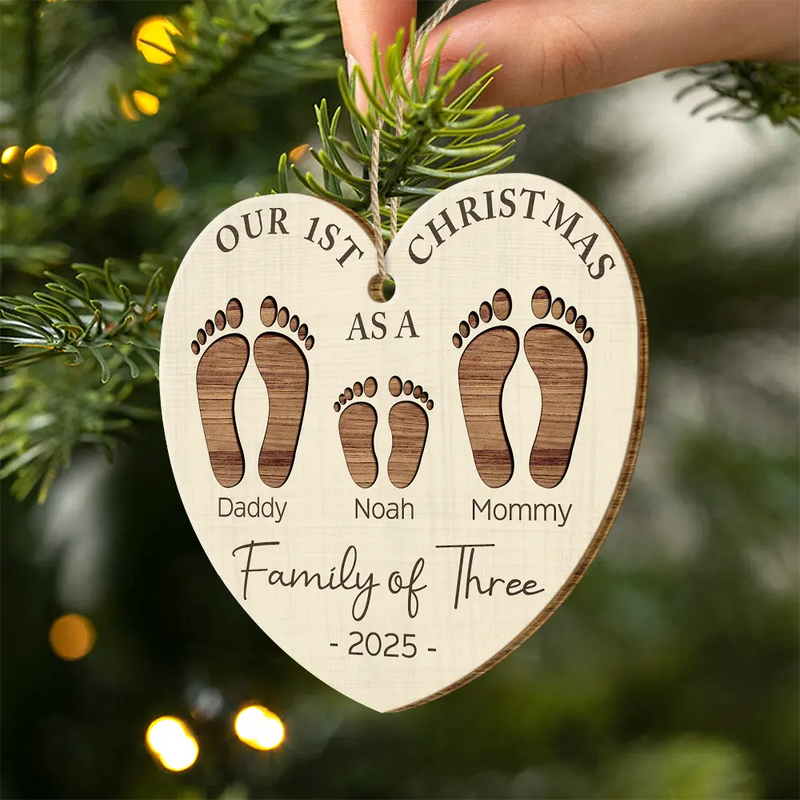 First Christmas As A Family Of Four Footprints - Personalized Wood Ornament - Babies 1st Christmas Gifts