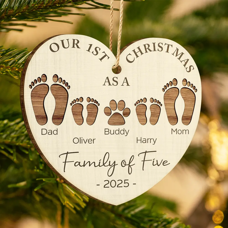 First Christmas As A Family Of Four Footprints - Personalized Wood Ornament - Babies 1st Christmas Gifts