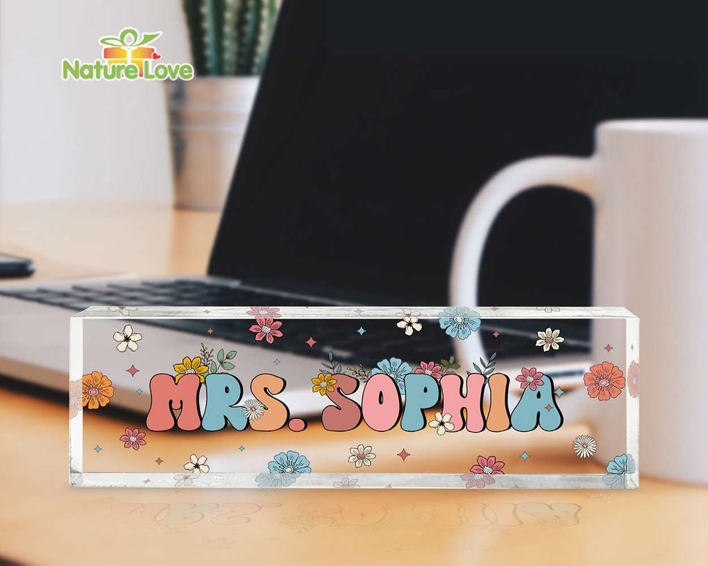 Personalized Teacher Name Plate Floral Desk Sign Acrylic Plaque Back To School Gift