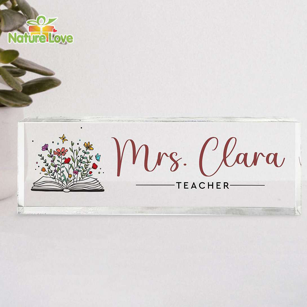 Floral Book Custom Teacher Name Desk Sign Acrylic Plaque Back to School Gift