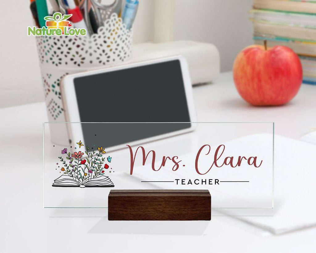 Floral Book Custom Teacher Name Desk Sign Acrylic Plaque Back to School Gift