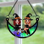 Halloween Witch Besties Sitting On Moon - Personalized Window Hanging Suncatcher Ornament - Gift For Her, Besties, Best Friends, Sisters