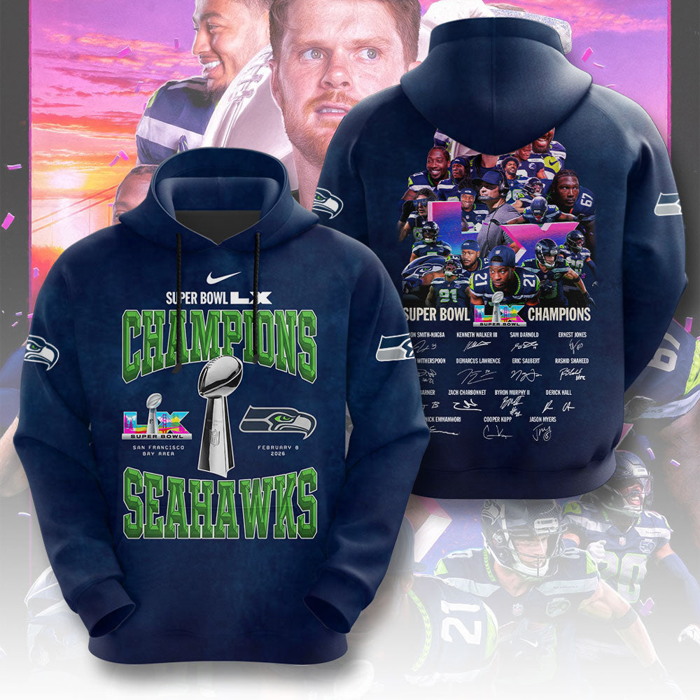 Seattle Seahawks 2025 Super Bowl LX Champions 3D Apparel – TMTHU3868