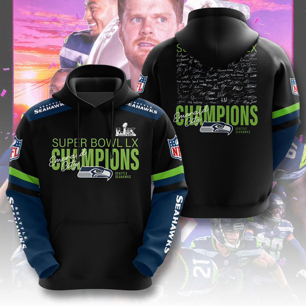 Seattle Seahawks 2025 Super Bowl LX Champions 3D Apparel – TMTHU3878