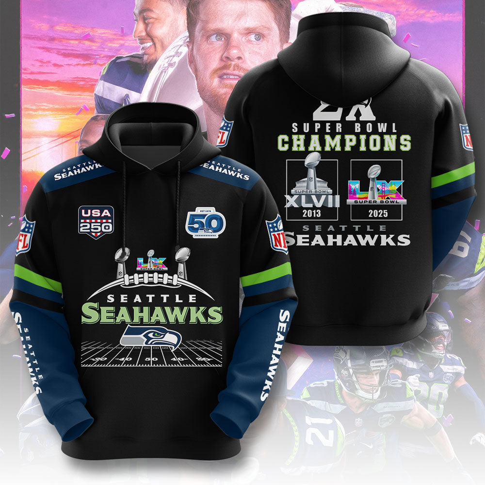 Seattle Seahawks 2x Super Bowl Champions 3D Apparel – TMTHU3935