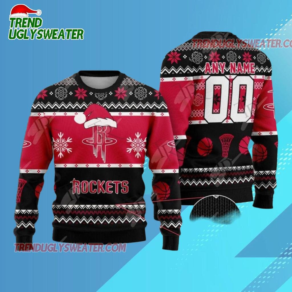 Personalized Houston Rockets Holiday Hoops Ugly Christmas Sweater