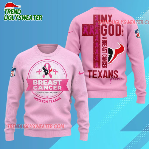 Houston Texans 2025 Nfl My God Is Stronger Than Breast Cancer Chritmas Sweater