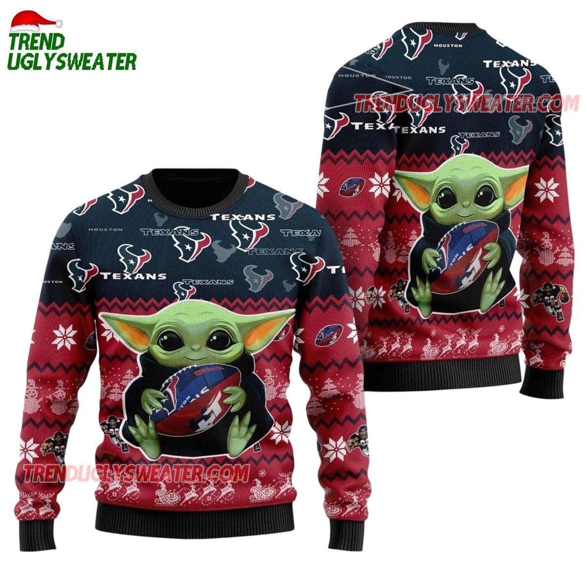 Houston Texans Baby Yoda Hug The Ball Christmas Ugly Sweater