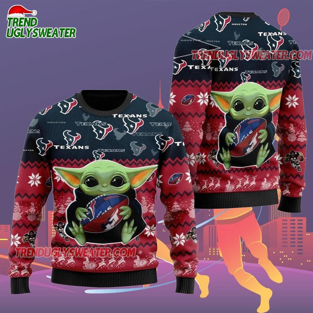 Houston Texans Baby Yoda Hug The Ball Christmas Ugly Sweater